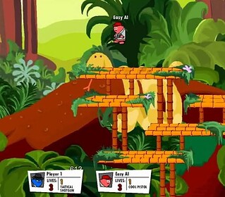 1. AI character navigating jungle-themed platform game with ladders and greenery.