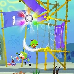 Colorful SpongeBob-themed game with jumping and celebrating characters in Bikini Bottom.