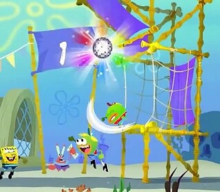 Colorful SpongeBob-themed game with jumping and celebrating characters in Bikini Bottom.
