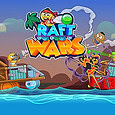 Colorful cartoon pirates battling on ships in a vibrant sea scene for Raft Wars game.