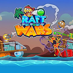 Colorful cartoon pirate ships battle in a fun, animated Raft Wars game scene.