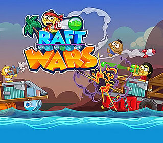 Colorful cartoon pirate ships battle in a fun, animated Raft Wars game scene.