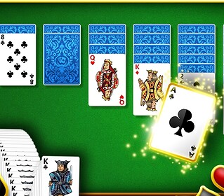 Playing Classic Solitaire with colorful game interface and animated effects on green background.