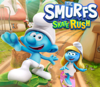Smurfs Skate Rush gameplay featuring Smurfs characters skating in vibrant environment.