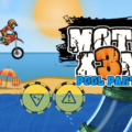 High-speed motocross stunt at the beach in Moto X3M Pool Party game.