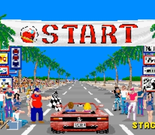1. Pixel art beach racing game with colorful characters and palm trees.
