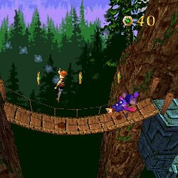 Gameplay screenshot from Pandemonium 1 showing characters on a wooden bridge.