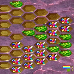 Colorful missile defense game with hexagonal grids and green water lilies.
