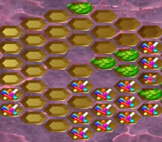 Colorful missile defense game with hexagonal grids and green water lilies.