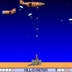 Aliens attacking Earth in retro space shooter game.