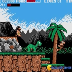 Pixelated caveman adventure game showcasing prehistoric dinosaurs and jungle scenery.