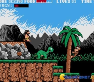Pixelated caveman adventure game showcasing prehistoric dinosaurs and jungle scenery.