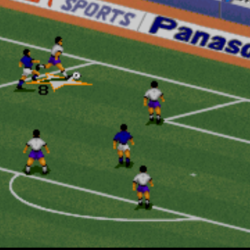 Goalkeeping save in classic pixel art football video game.