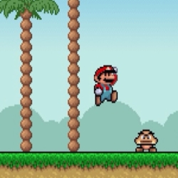 Super Mario Bros pixel art game scene with Mario jumping over a Goomba.