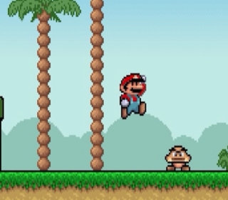 Super Mario Bros pixel art game scene with Mario jumping over a Goomba.
