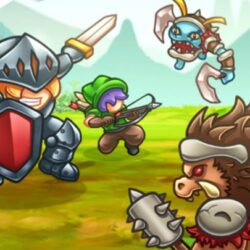 Epic battle scene with colorful fantasy characters in a medieval landscape.