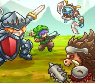 Epic battle scene with colorful fantasy characters in a medieval landscape.