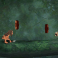 Pixelated Jungle Book gameplay with animal hero and treasure coins in a lush forest setting.