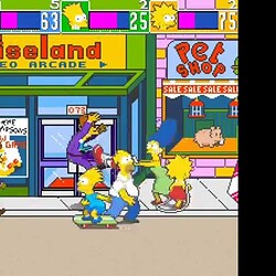 Retro arcade game featuring Simpsons characters and vibrant graphics.