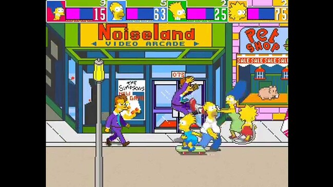 Retro arcade game featuring Simpsons characters and vibrant graphics.