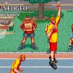Basketball arcade game with pixel art style graphics and multiple players.