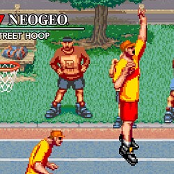 Basketball arcade game with pixel art style graphics and multiple players.