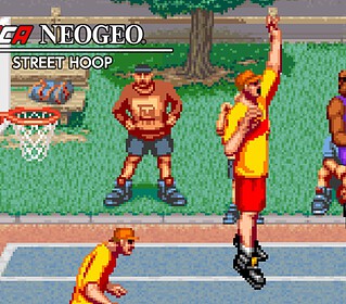 Basketball arcade game with pixel art style graphics and multiple players.