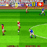 Classic soccer video game gameplay screenshot showing players in action.