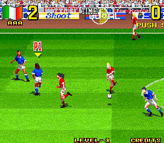 Classic soccer video game gameplay screenshot showing players in action.