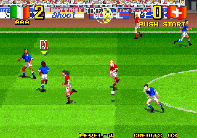 Classic soccer video game gameplay screenshot showing players in action.