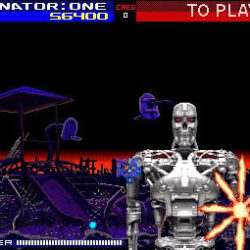 Iconic Terminator action game gameplay with robots and futuristic weaponry.