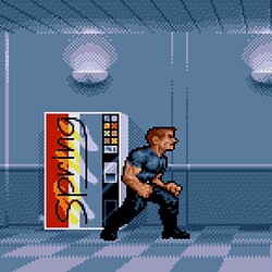 Pixel art Street Fighter game scene with two fighters in action.