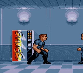 Pixel art Street Fighter game scene with two fighters in action.