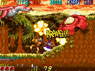 Classic arcade game Dyna Gear with a dragon and a hero in a forest setting.