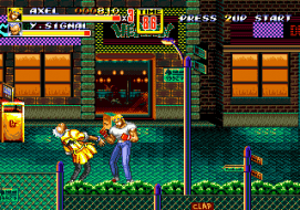 Intense street fight scene from Street Fighter II with characters in combat on city street.