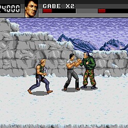 Retro game scene from Cliffhanger showing characters fighting in a snowy mountain setting.