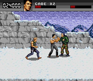 Retro game scene from Cliffhanger showing characters fighting in a snowy mountain setting.