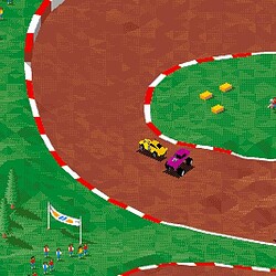 Classic pixel art racing game with colorful cars on a dirt track.