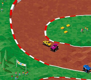Classic pixel art racing game with colorful cars on a dirt track.