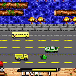 Classic Frogger Deluxe game scene with vehicles and frog crossing the road.