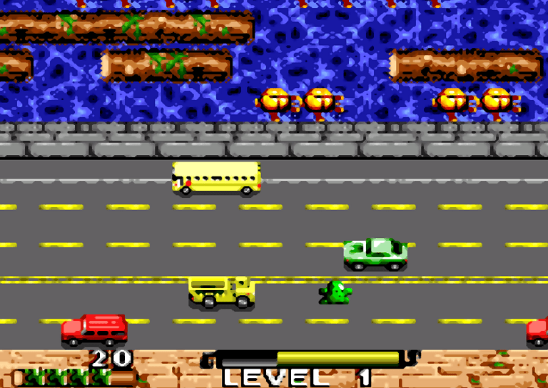 Classic Frogger Deluxe game scene with vehicles and frog crossing the road.
