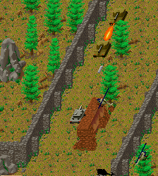 Arcade tank game screenshot with tanks, trees, and explosions.
