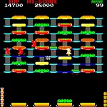 Screenshot of Burger Time arcade game with characters and food items.
