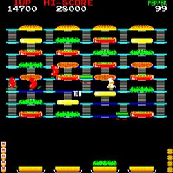 Screenshot of Burger Time arcade game with characters and food items.
