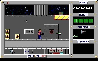 Screenshot from Duke Nukem 3D showing character in a sci-fi environment with weapons and health bars.