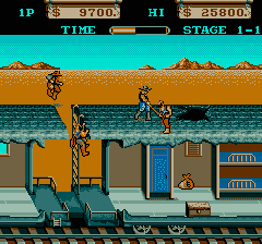 Classic side-scrolling action game featuring warriors fighting on rooftops.