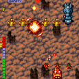 Intense arcade shooter game with spaceship battling enemies and explosions.