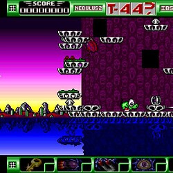 Gameplay screenshot from Nebulus 2: Pogo A Go Go showing a colorful tower and game elements.