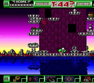 Gameplay screenshot from Nebulus 2: Pogo A Go Go showing a colorful tower and game elements.