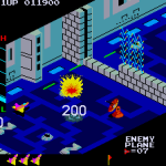 Classic Zaxxon arcade game screenshot with spaceship and obstacles.